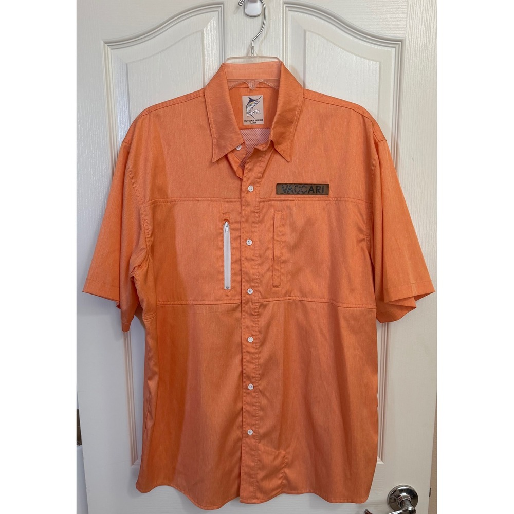 Vaccari Outdoor Series Orange Short Sleeve Fishing Shirt Button Down Men L NWOT